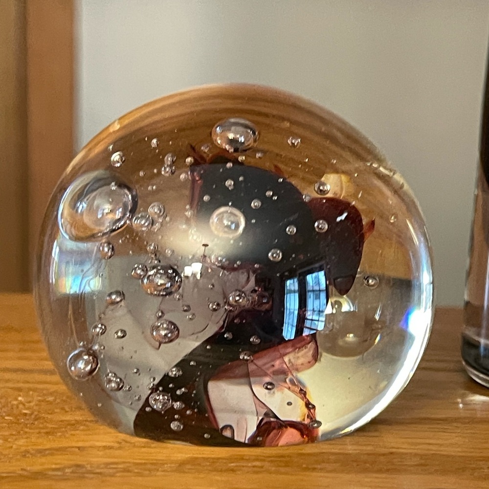 Rollin Karg Art Glass Signed Paperweight ~ With Dancing Swirling burgundy ribbon